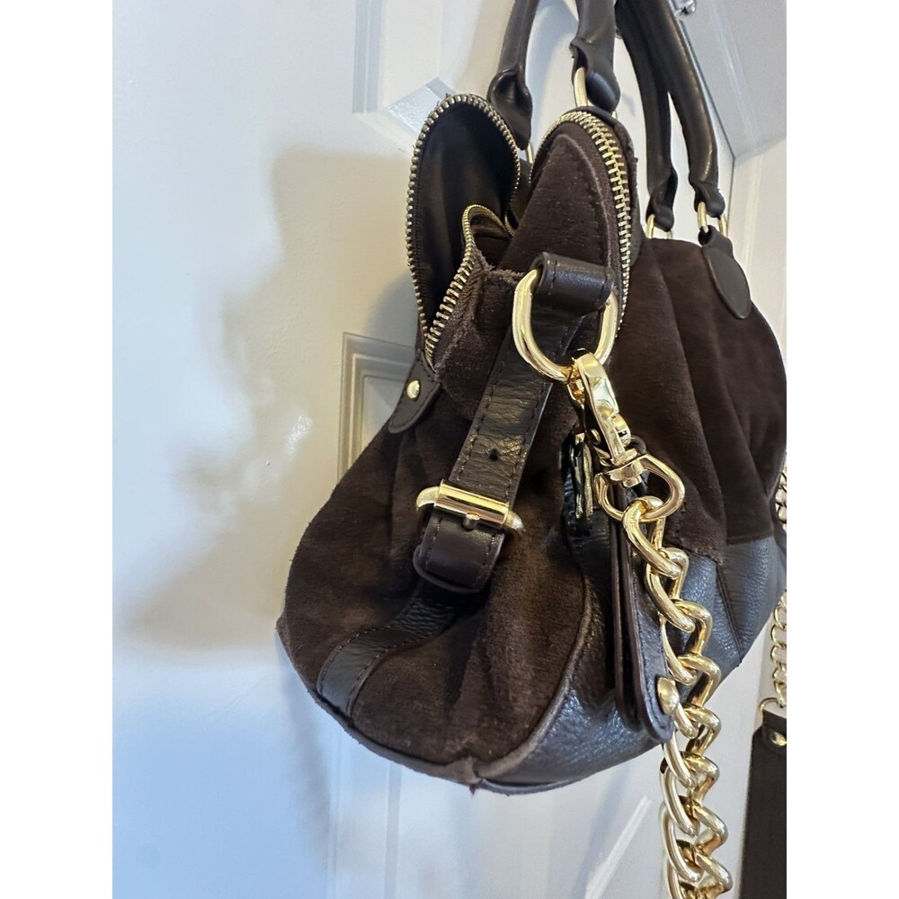 AUDREY BROOKE Brown Suede & Leather Crossbody Satchel Handbag W/ Chain Strap - Picture 7 of 16